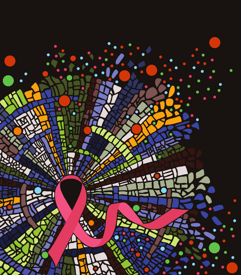 Artistic representation of an invasive breast tumor ecosystem, depicting cancer cells (irregular shapes) and immune cells (circles). Image by Johanna Wagner. Artistic representation of an invasive breast tumor ecosystem, depicting cancer cells (irregular shapes) and immune cells (circles). Image by Johanna Wagner.